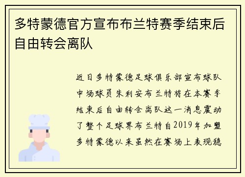 多特蒙德官方宣布布兰特赛季结束后自由转会离队 多特蒙德官方宣布布兰特赛季结束后自由转会离队